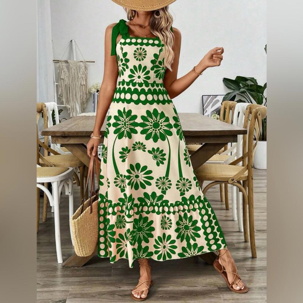 Green and White Halter Sundress Maxi